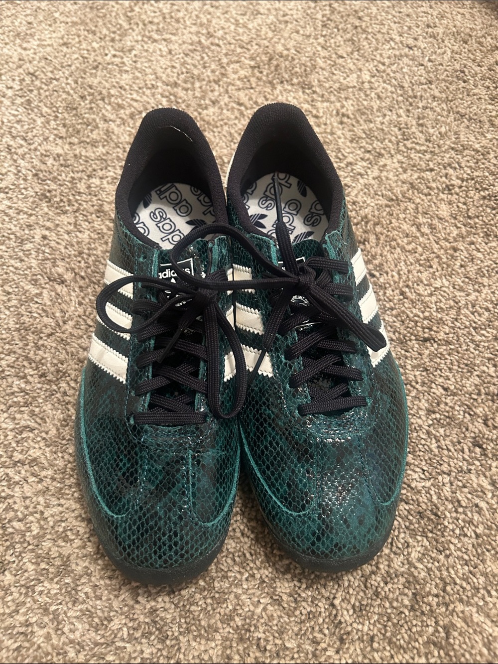 adidas Teal Snake-Print Trainers with White Three Stripes